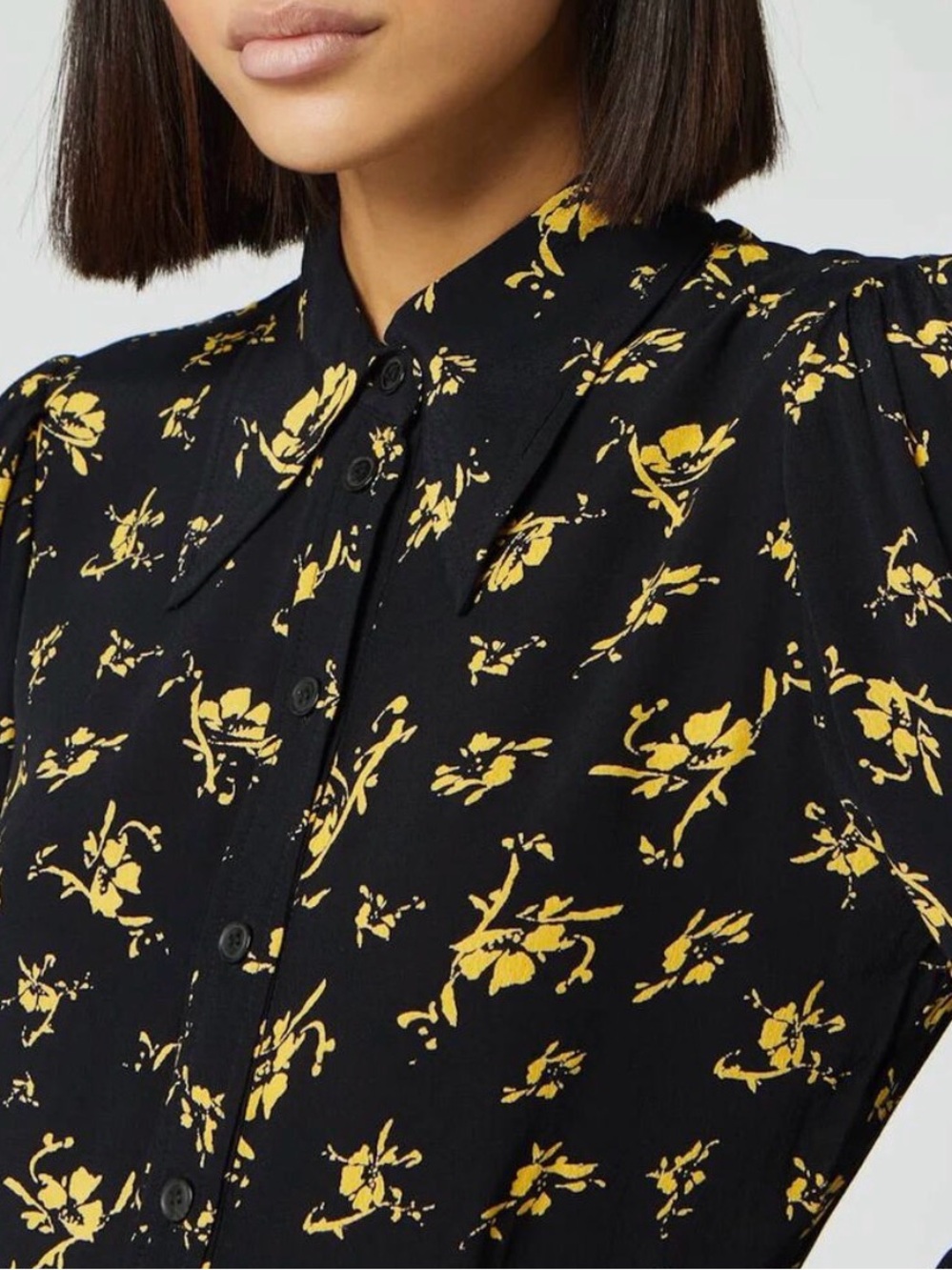 Ganni • yellow floral button front black mini shirt dress • lightweight XS / 34